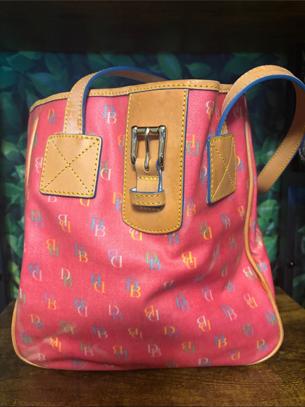 Dooney & Bourke Leather-Trim Red Monogram Tote Bag